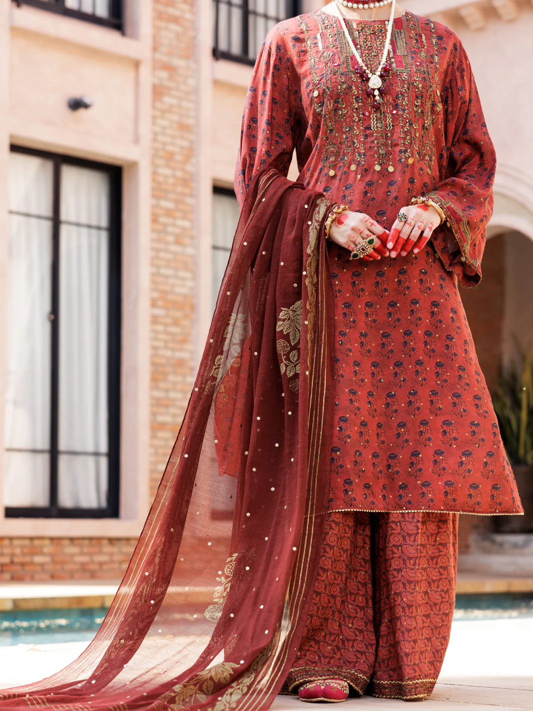 MAROON MAPLE SILK 3PC STITCHED | AL-3PS-LS-435/FB-435A