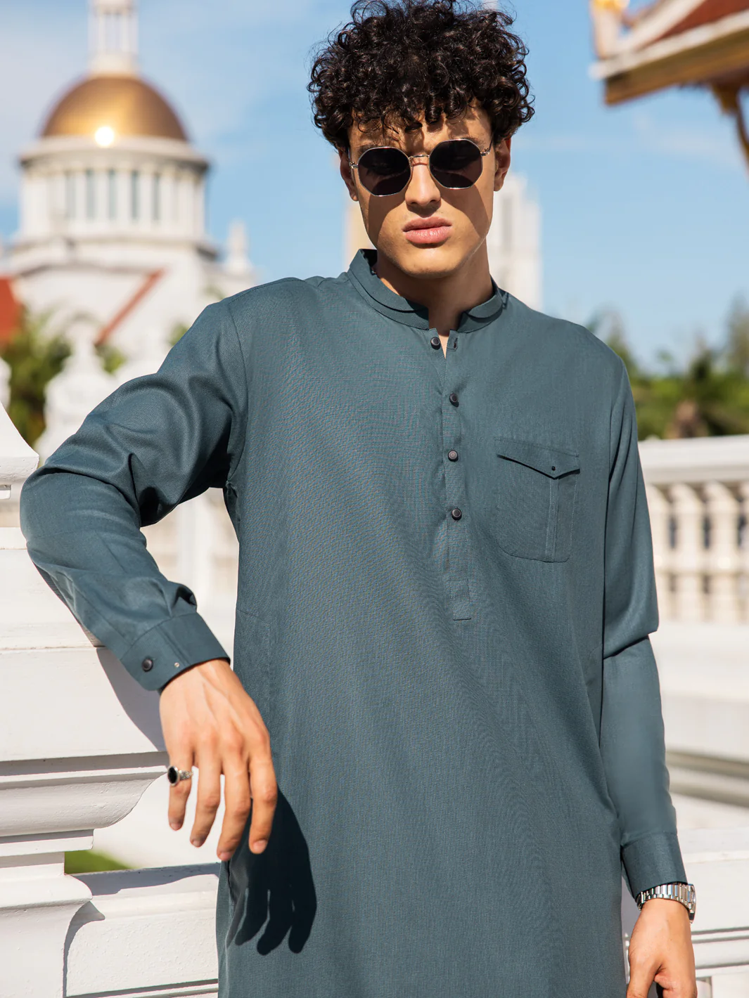 GREEN POLY VISCOSE YARN DYED KAMEEZ SHALWAR | AL-KS-2976/AM-8434D - Image 2
