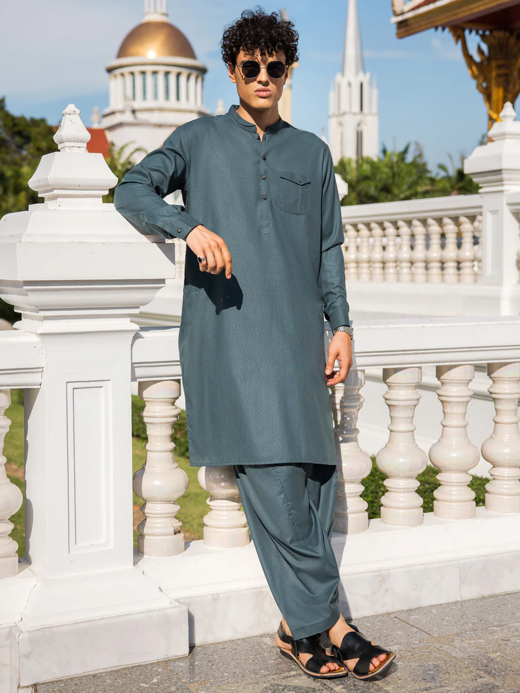 GREEN POLY VISCOSE YARN DYED KAMEEZ SHALWAR | AL-KS-2976/AM-8434D - Image 4