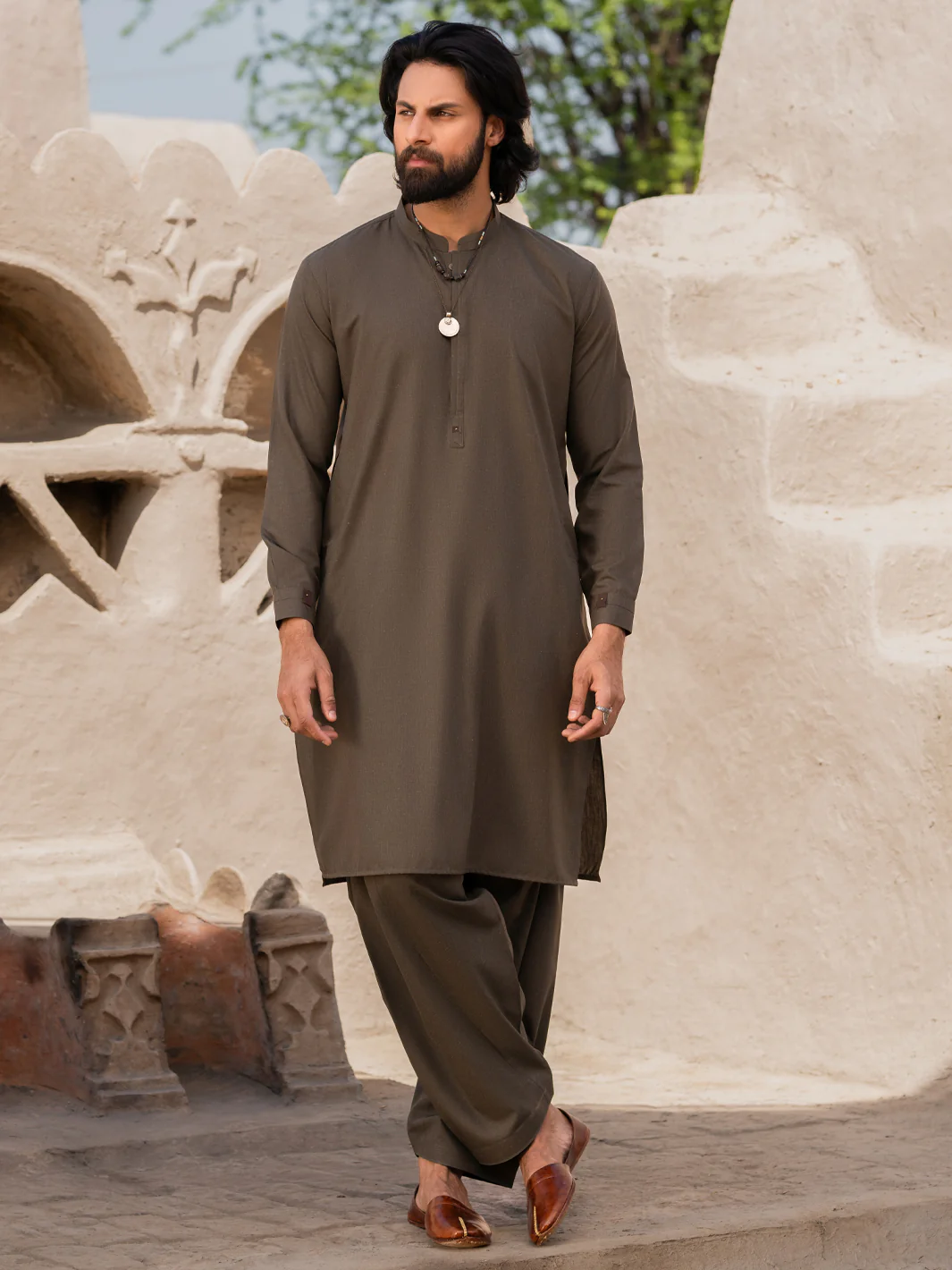 OLIVE GREEN BLENDED KAMEEZ SHALWAR | AL-KS-3181/AM-6290A