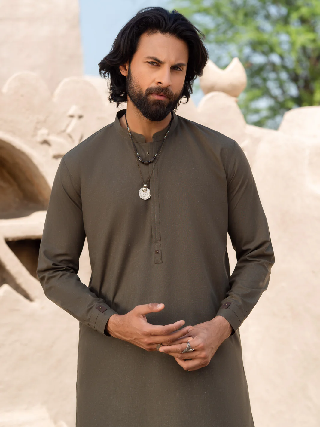 OLIVE GREEN BLENDED KAMEEZ SHALWAR | AL-KS-3181/AM-6290A - Image 2