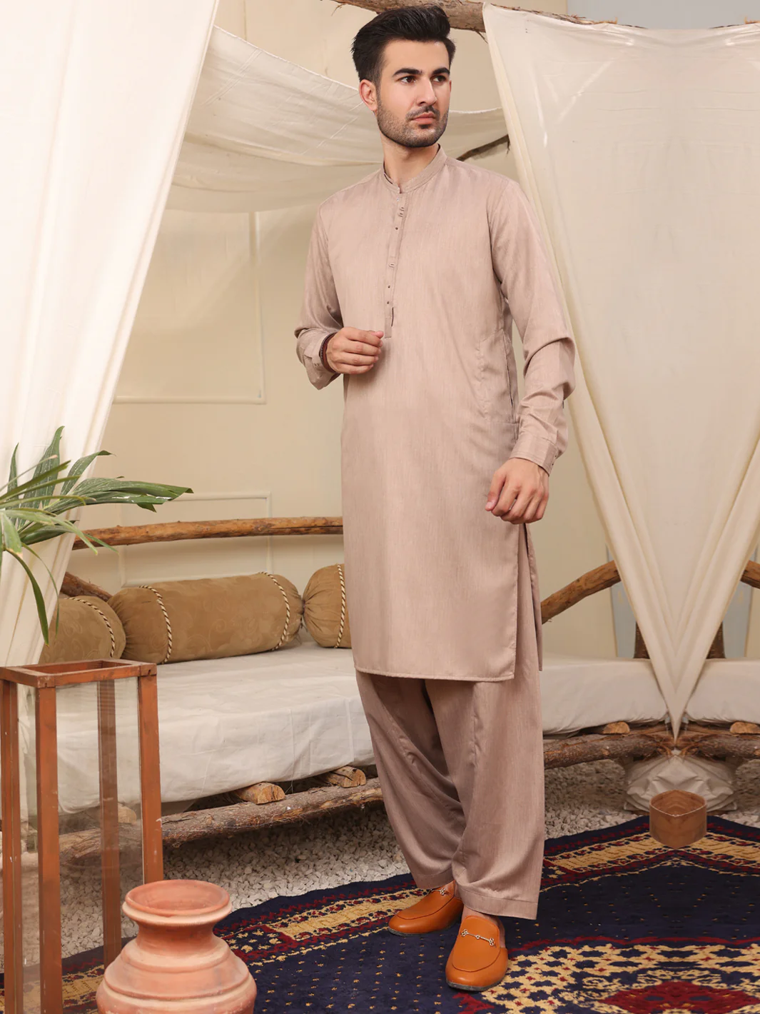 LIGHT BROWN VISCOSE KAMEEZ SHALWAR | AL-KS-US-2643/AM-998A - Image 3