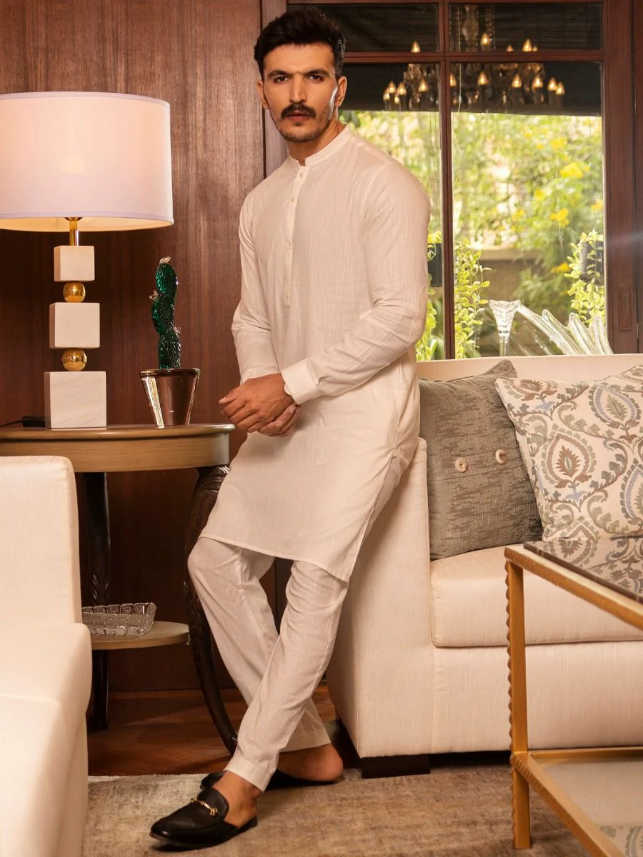 OFF WHITE COTTON KURTA TROUSERS | AL-KT-US-2654/AM-927A - Image 4