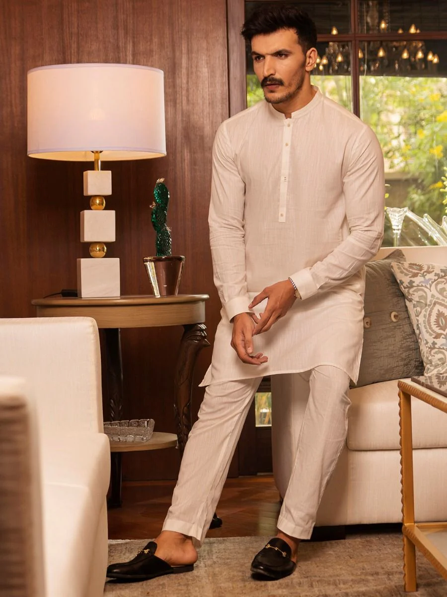 OFF WHITE COTTON KURTA TROUSERS | AL-KT-US-2654/AM-927A - Image 5