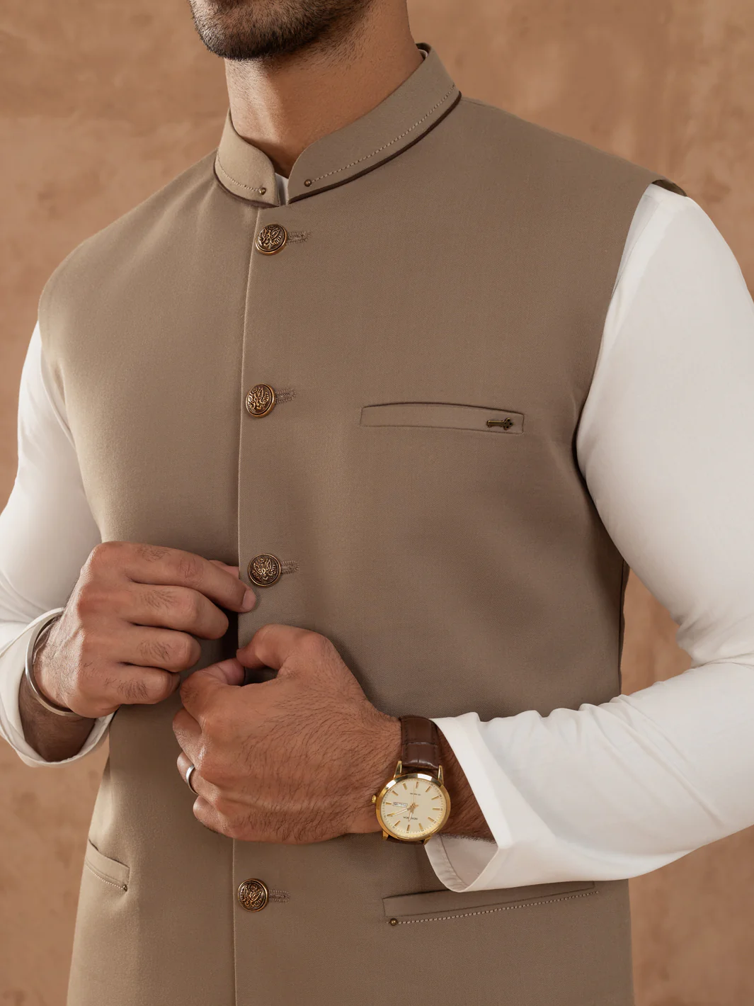 ASH BROWN TAFLON RAYON WAISTCOAT | AL-WC-538A/AM-6244A - Image 4