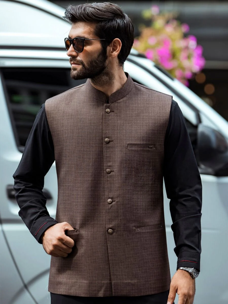 BROWN TAFLON RAYON WAISTCOAT | AL-WC-US-399/AM-5037B - Image 2