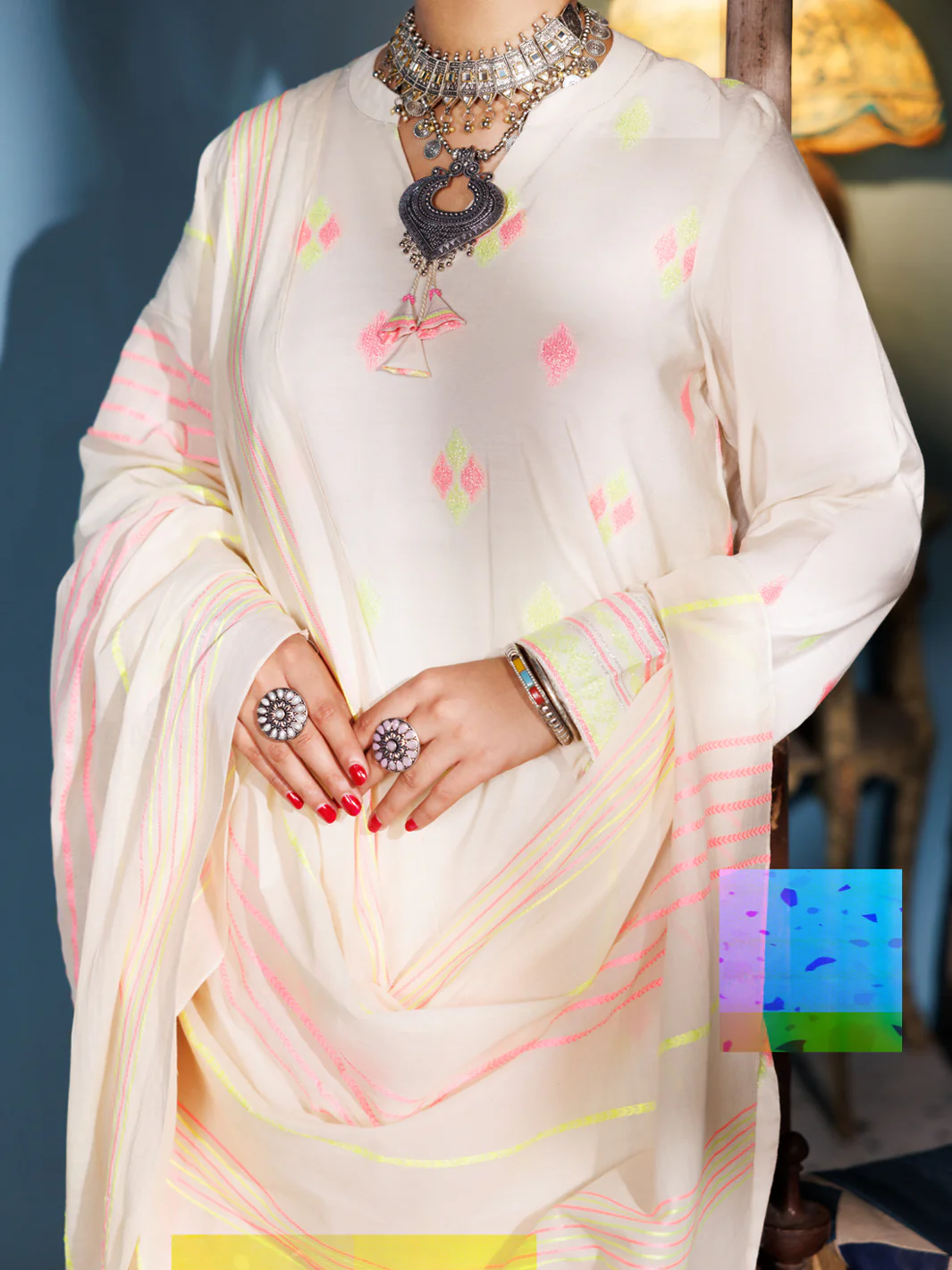OFF WHITE JACQUARD 3PC UNSTITCHED | ALP-3PS-1886 FB-1886A - Image 2