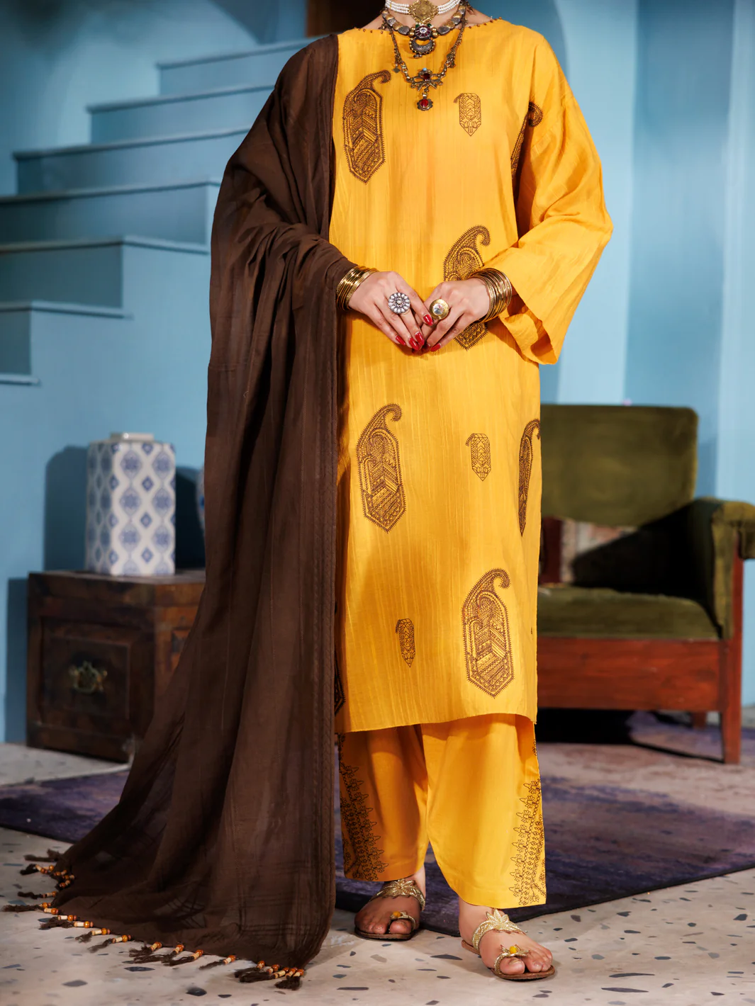 MUSTARD LINO KARA 3PC UNSTITCHED | ALP-3PS-1918 FB-1918A - Image 3