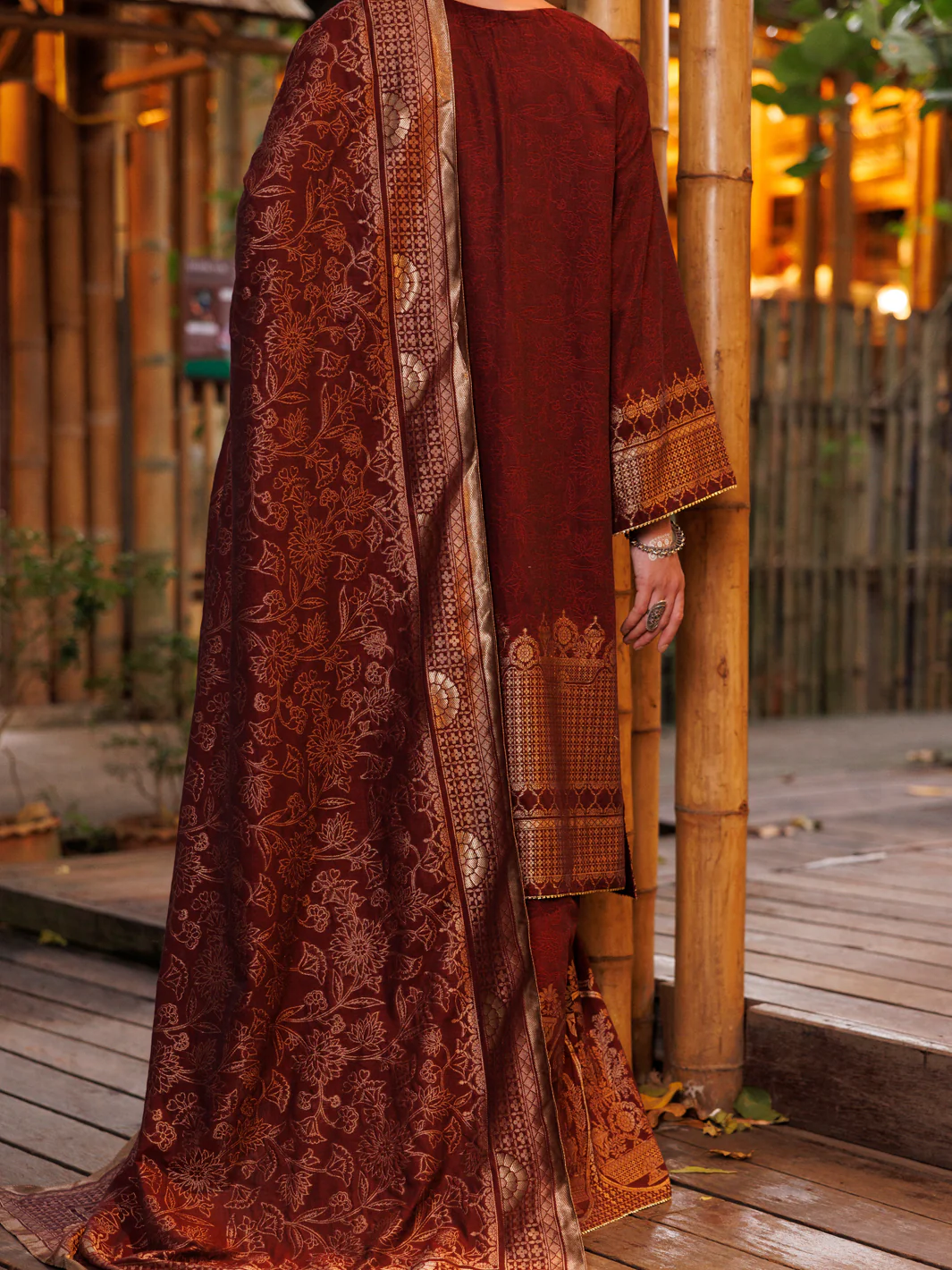 MAROON YARN DYED JACQUARD 3PC UNSTITCHED | ALP-3PS-2020 FB-2020A - Image 2
