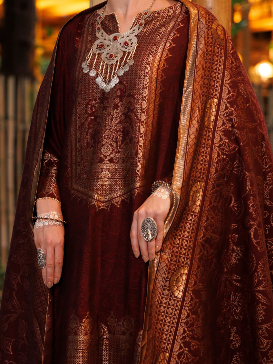 MAROON YARN DYED JACQUARD 3PC UNSTITCHED | ALP-3PS-2020 FB-2020A - Image 3