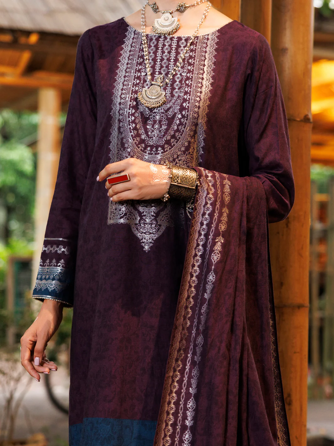 PURPLE YARN DYED JACQUARD 3PC UNSTITCHED | ALP-3PS-2024 FB-2024A - Image 4