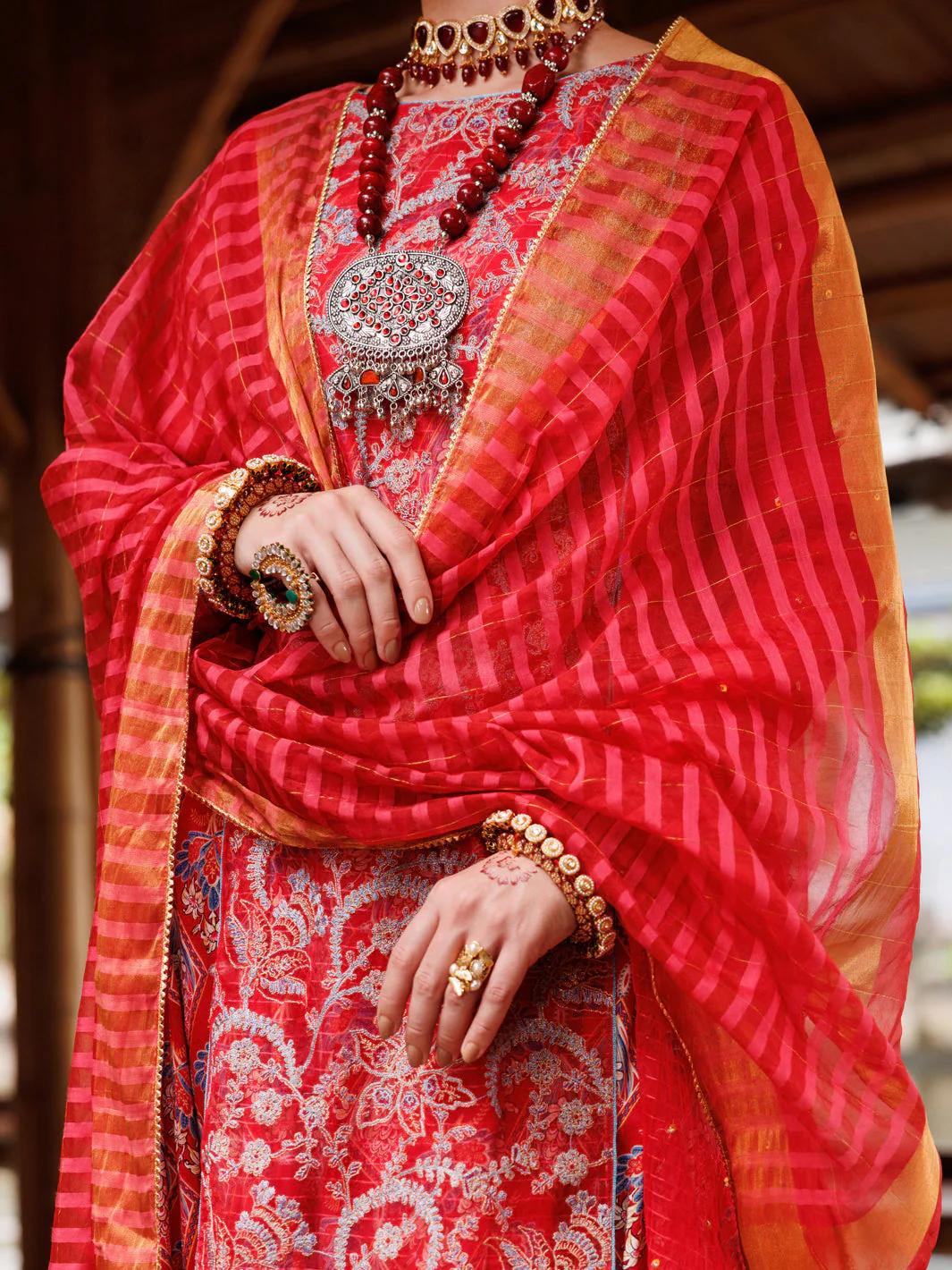 RED STRIPE ORGANZA 3PC UNSTITCHED | ALP-3PS-2025 AM-3141A - Image 3