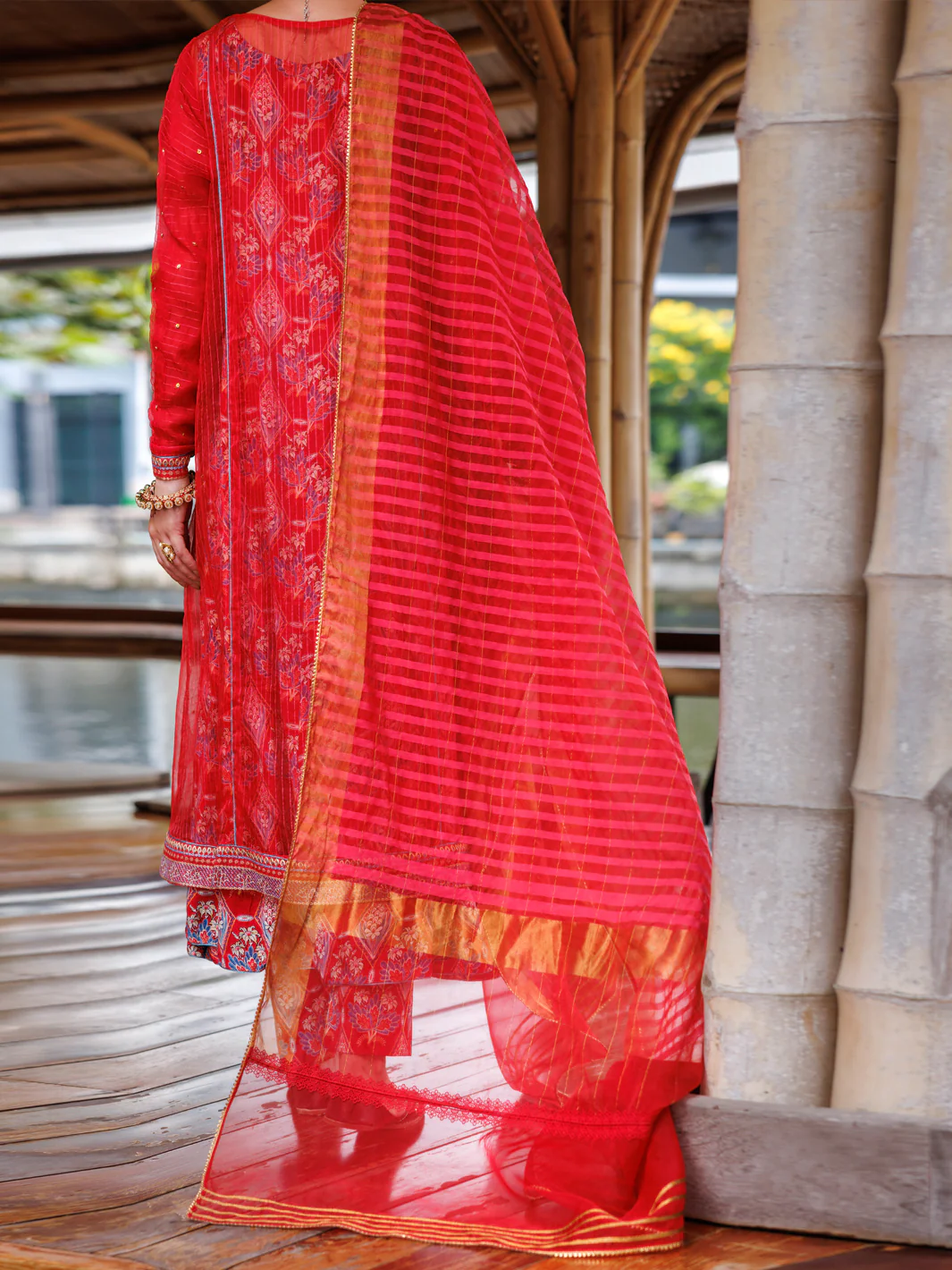 RED STRIP ORGANZA 3PC STITCHED | ALP-3PS-2025/S AM-3141A - Image 2