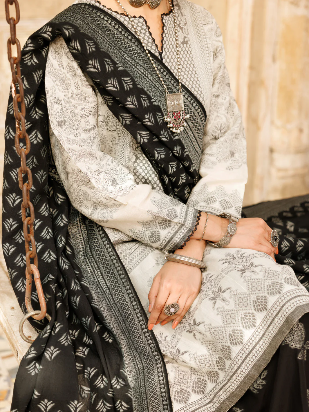 BLACK & WHITE JACQUARD 3PC STITCHED | ALP-3PS-2177/S FB-2177A - Image 2
