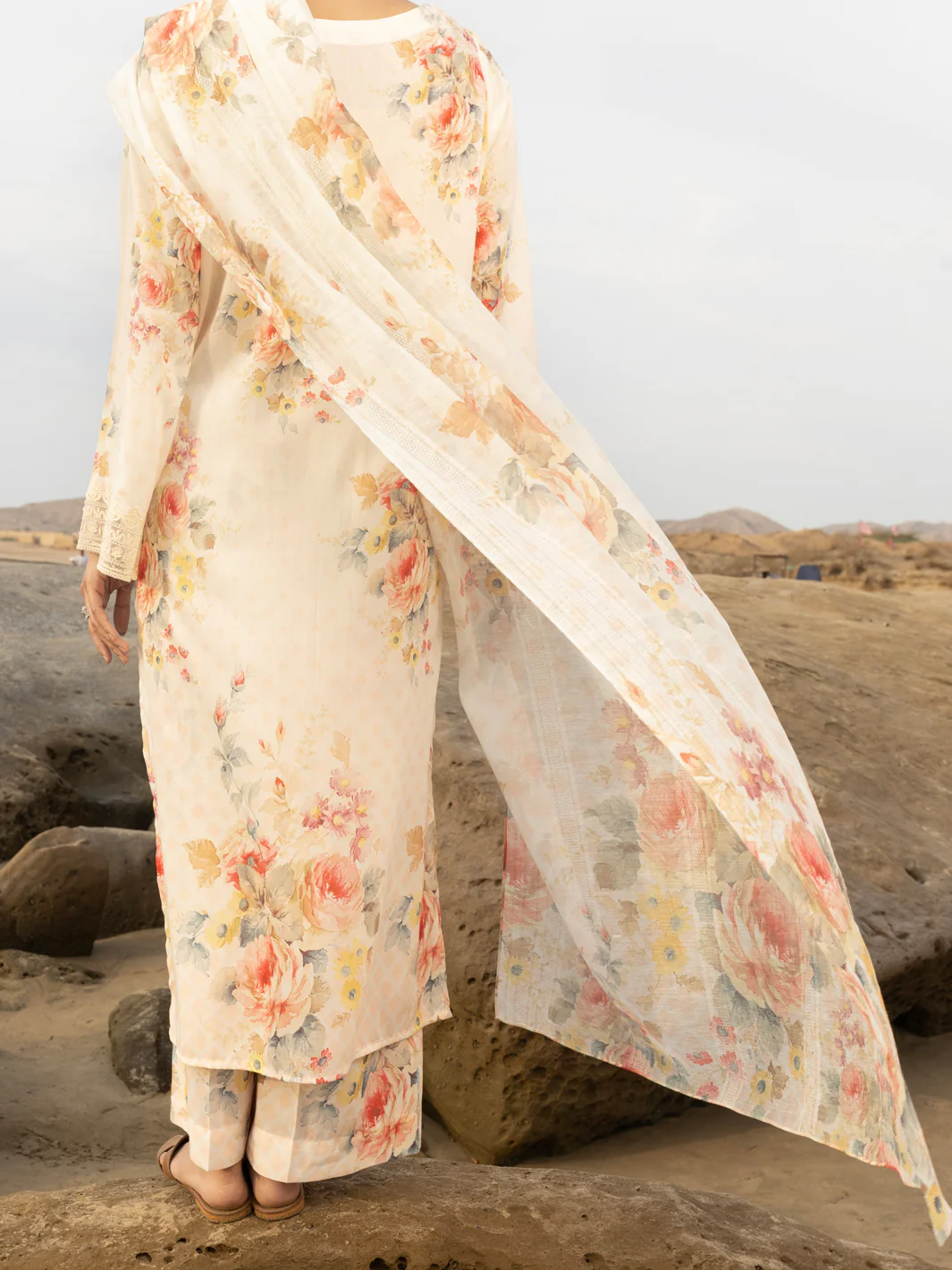CREAM LAWN 3PC UNSTITCHED | ALP-3PS-2219 FB-2219A - Image 2