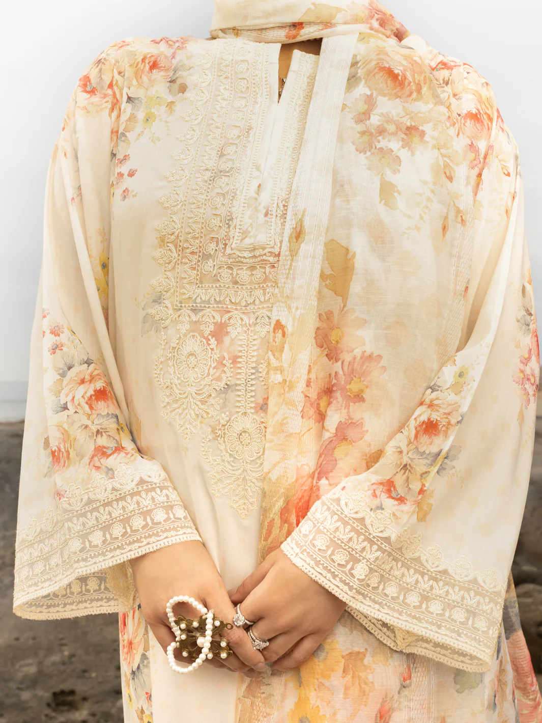 CREAM LAWN 3PC UNSTITCHED | ALP-3PS-2219 FB-2219A - Image 3