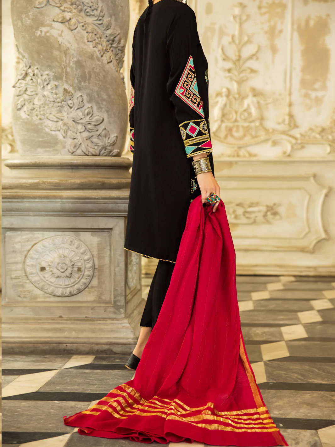 BLACK RAW SILK 3PC STITCHED | ALP-3PS-US-1280/S AM-2410H - Image 2