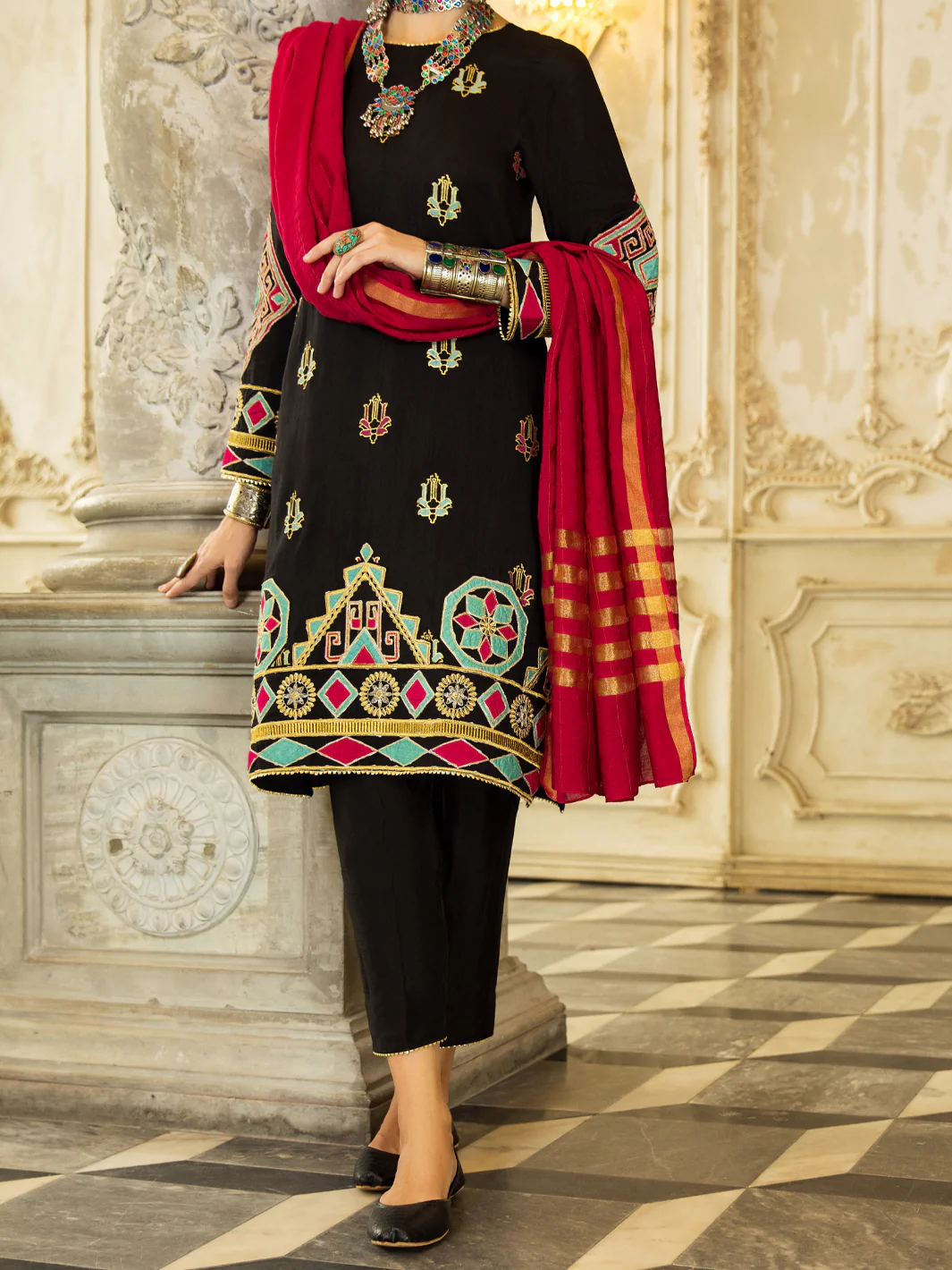 BLACK RAW SILK 3PC STITCHED | ALP-3PS-US-1280/S AM-2410H - Image 4
