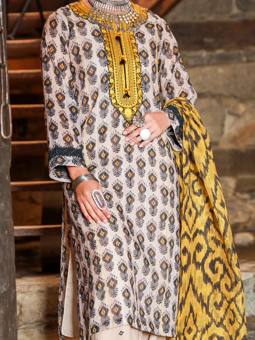 BEIGE JACQUARD 3PC STITCHED | ALP-3PS-US-1420/S FB-1420A - Image 2
