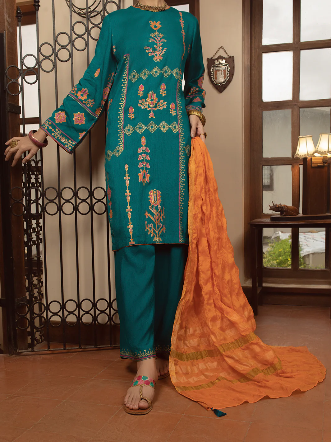 TURQUOISE RAW SILK 3PC STITCHED | ALP-3PS-US-1432/S FB-1432A - Image 3