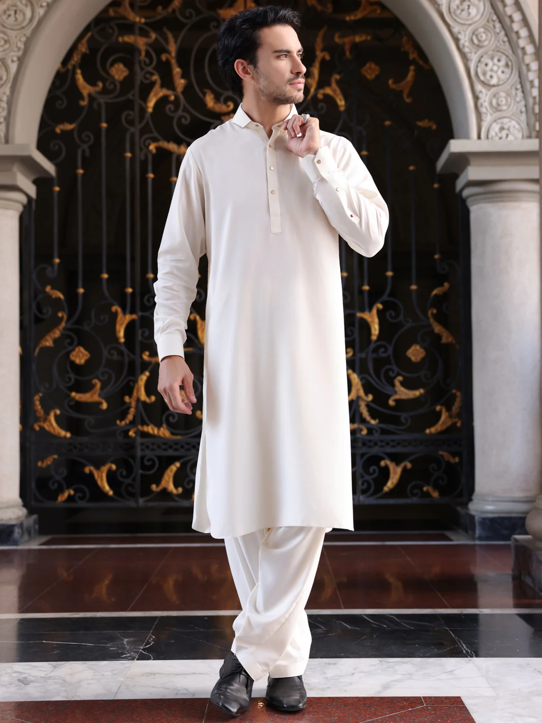 OFF WHITE BLENDED KAMEEZ SHALWAR | ALWA-KS-418/AM-6095A - Image 3