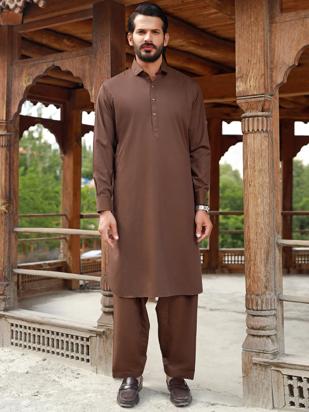 BROWN VISCOSE KAMEEZ SHALWAR | ALWA-KS-US-328/AM-5056A - Image 3