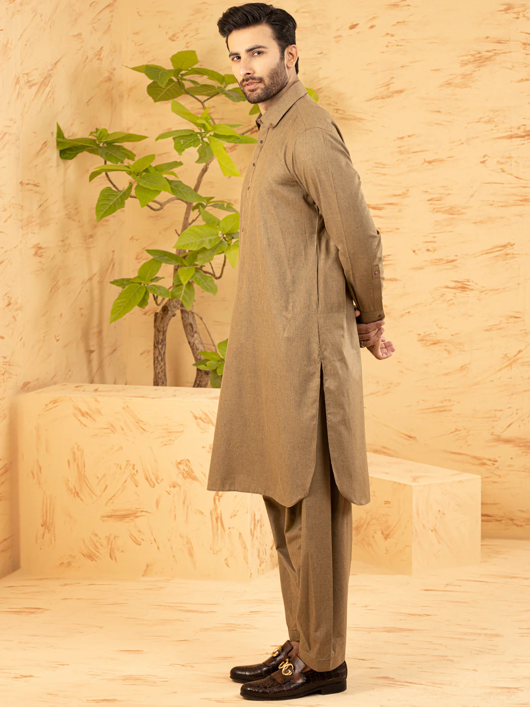 KHAKI BROWN KAMEEZ SHALWAR | ALWA-KS-US-377/AM-6126B - Image 3