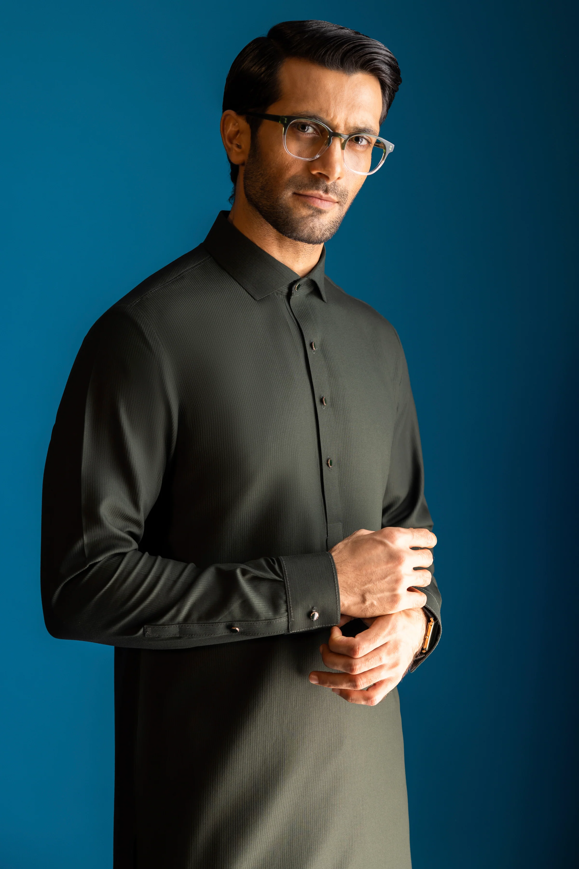 ARMY GREEN BLENDED KAMEEZ SHALWAR | CCMKS-A-US-39377-4/4 - ISTANBUL - Image 2