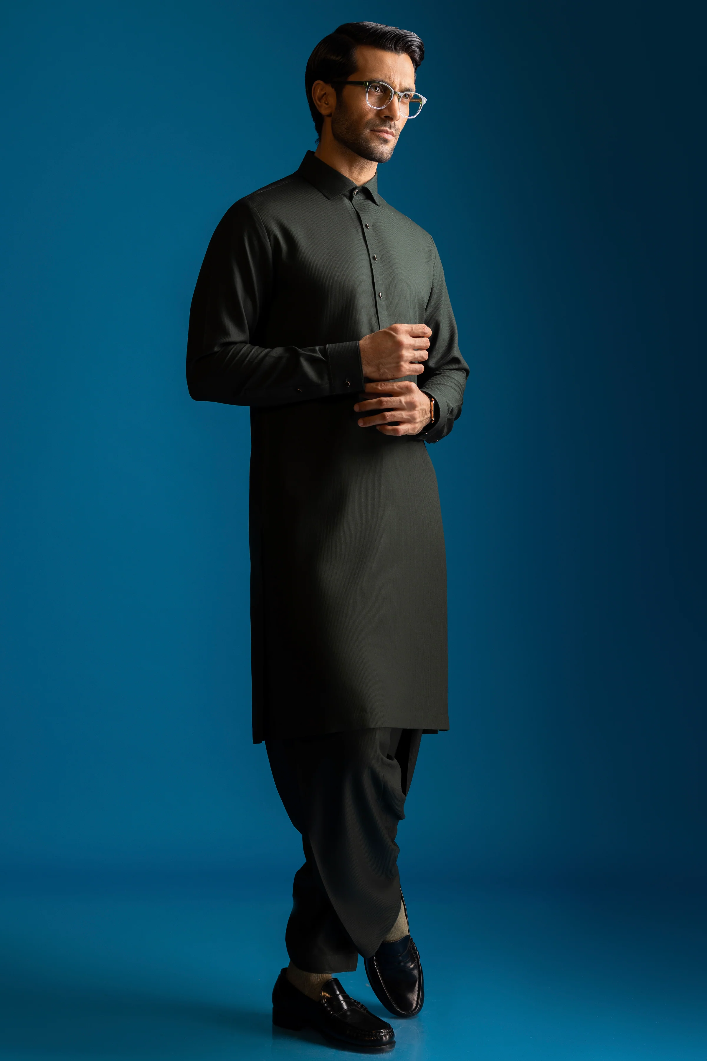 ARMY GREEN BLENDED KAMEEZ SHALWAR | CCMKS-A-US-39377-4/4 - ISTANBUL - Image 3