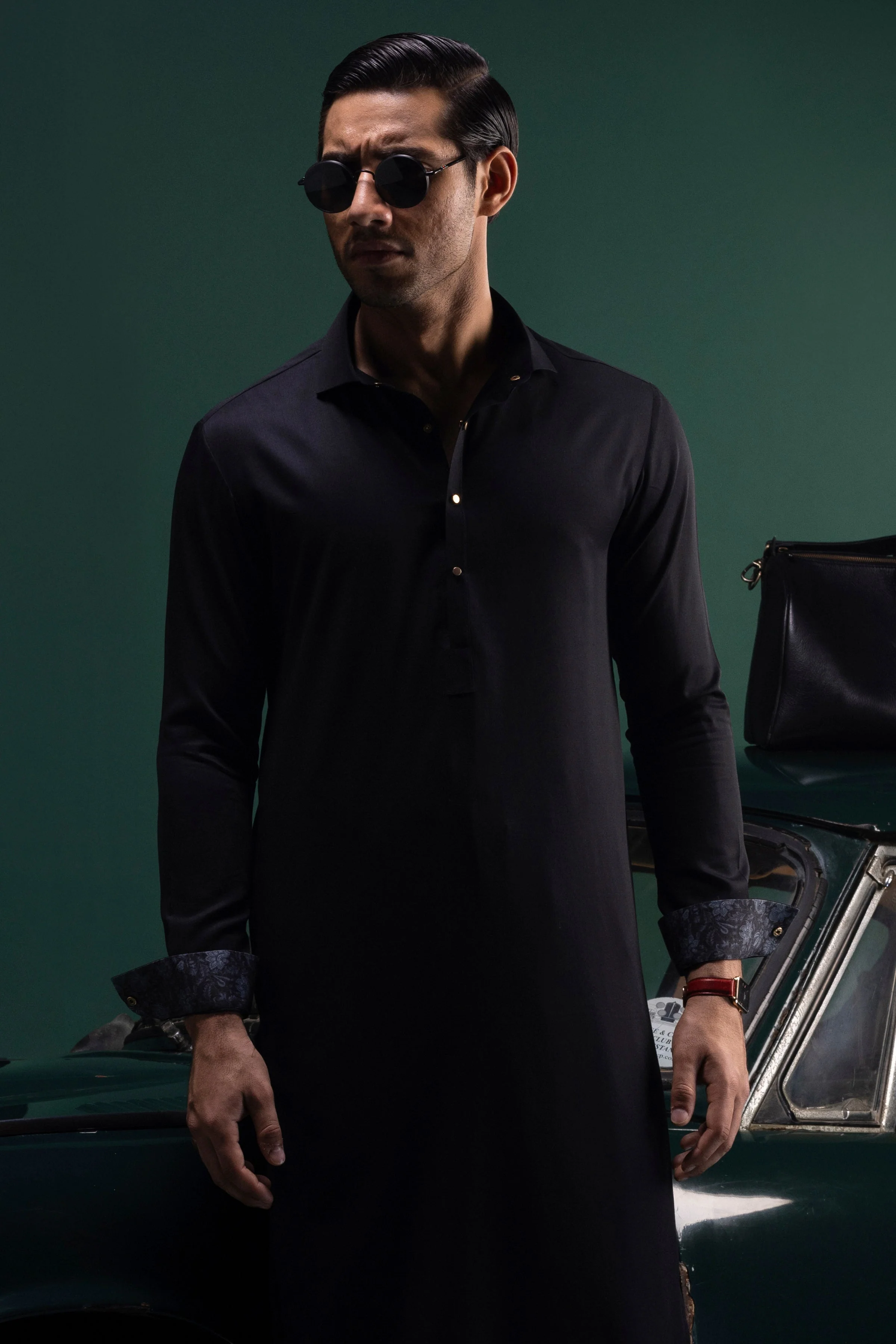 BLACK COTTON KAMEEZ SHALWAR | CCMKS-S-US-39388-1/4-VICTORIA - Image 3
