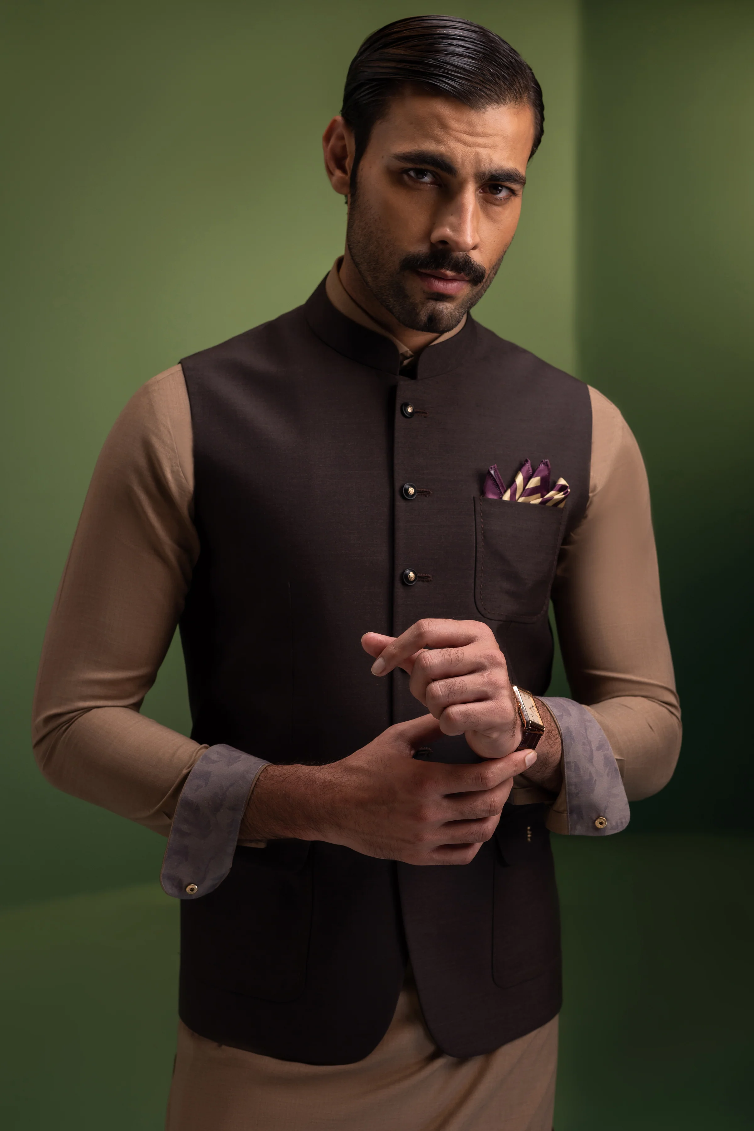 CAMEL BLENDED KAMEEZ SHALWAR | CCMKS-S-US-39416-1/3-ISFAHAN - Image 2