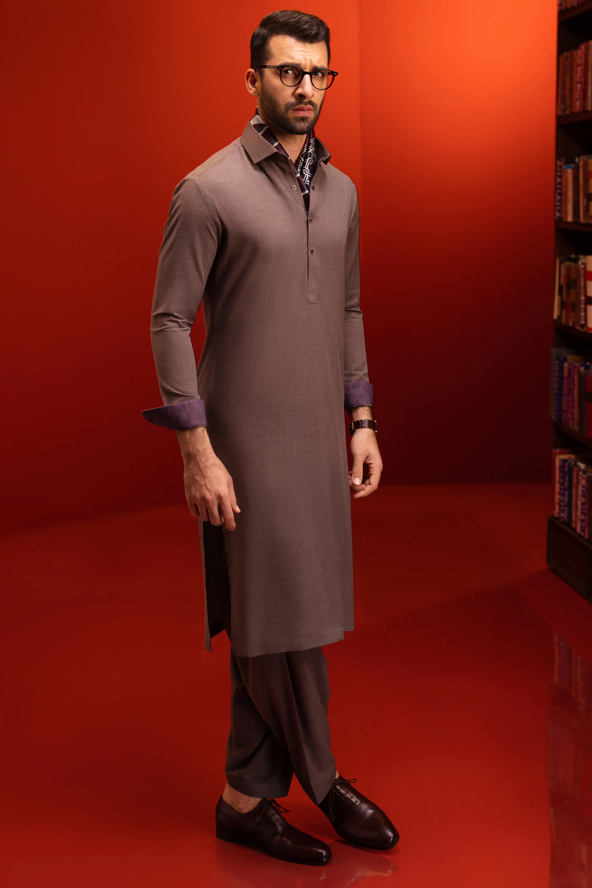 TAN BROWN BLENDED KAMEEZ SHALWAR | CCMKS-S-US-39417-3/3-BAKU