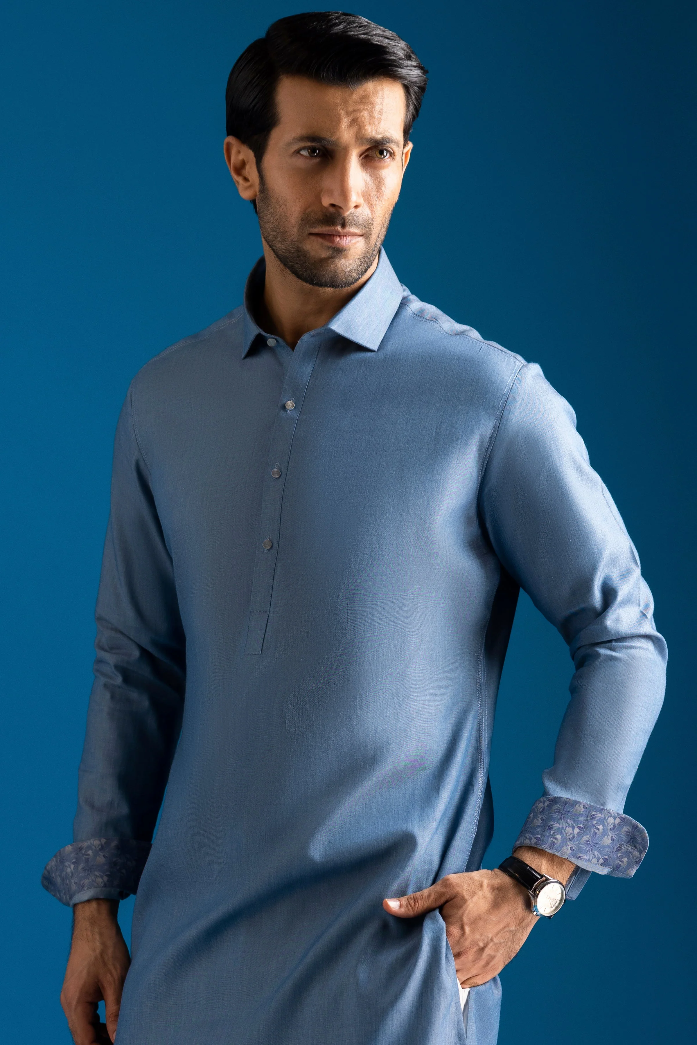BLUE COTTON KURTA TROUSERS | CCMKT-S-39331-3/3 - NIMES - Image 2