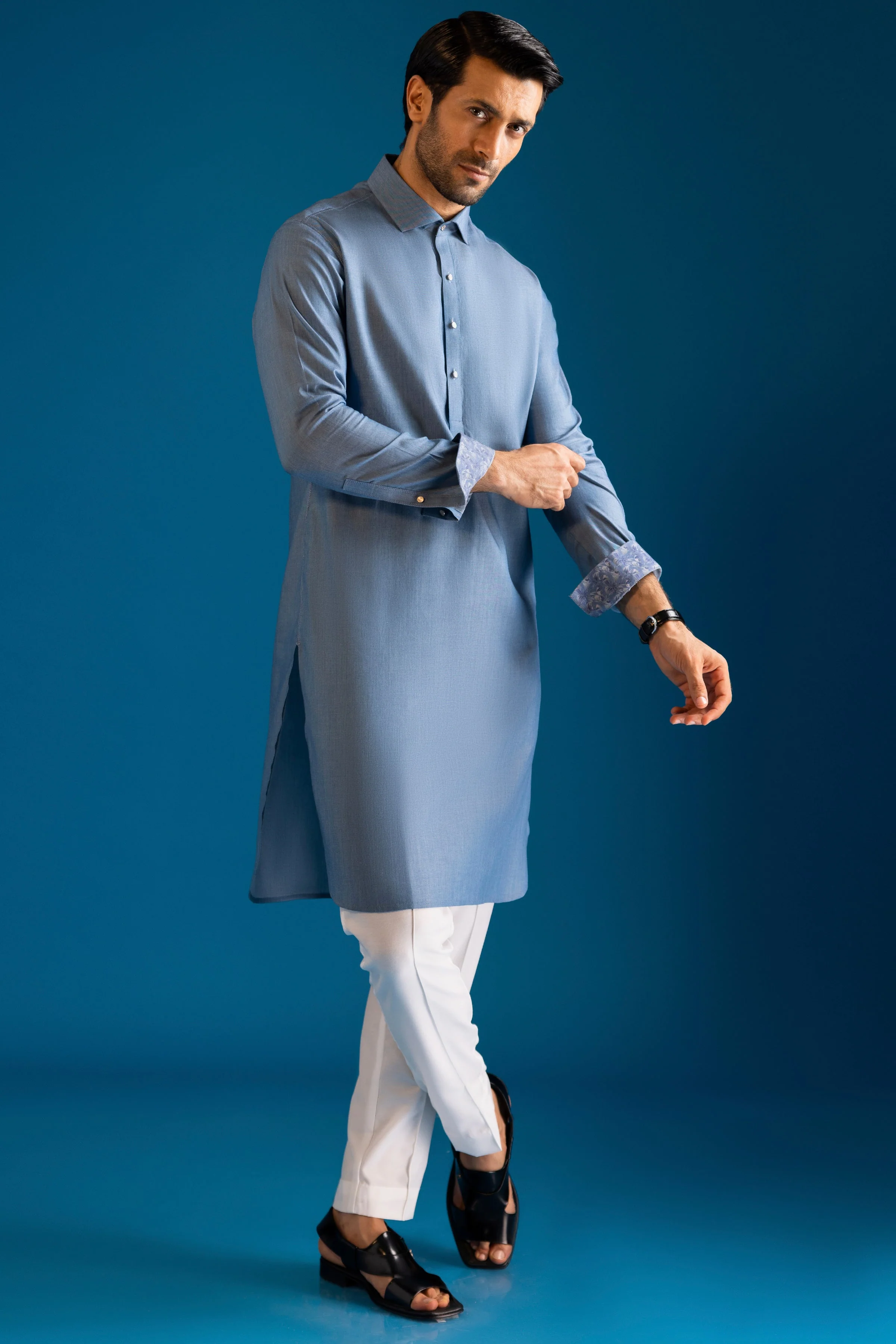 BLUE COTTON KURTA TROUSERS | CCMKT-S-39331-3/3 - NIMES - Image 4