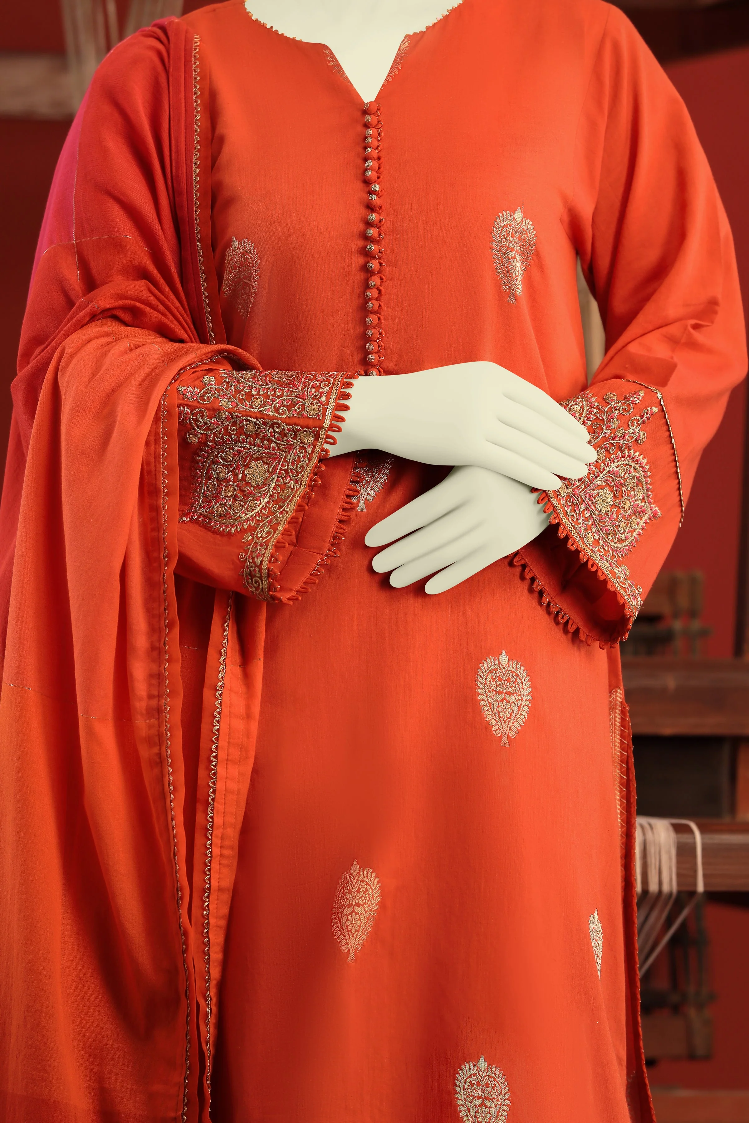 ORANGE JACQUARD KURTI | CCW-1PS-S-US-22-209 PAAN BOOTI-02 - Image 3