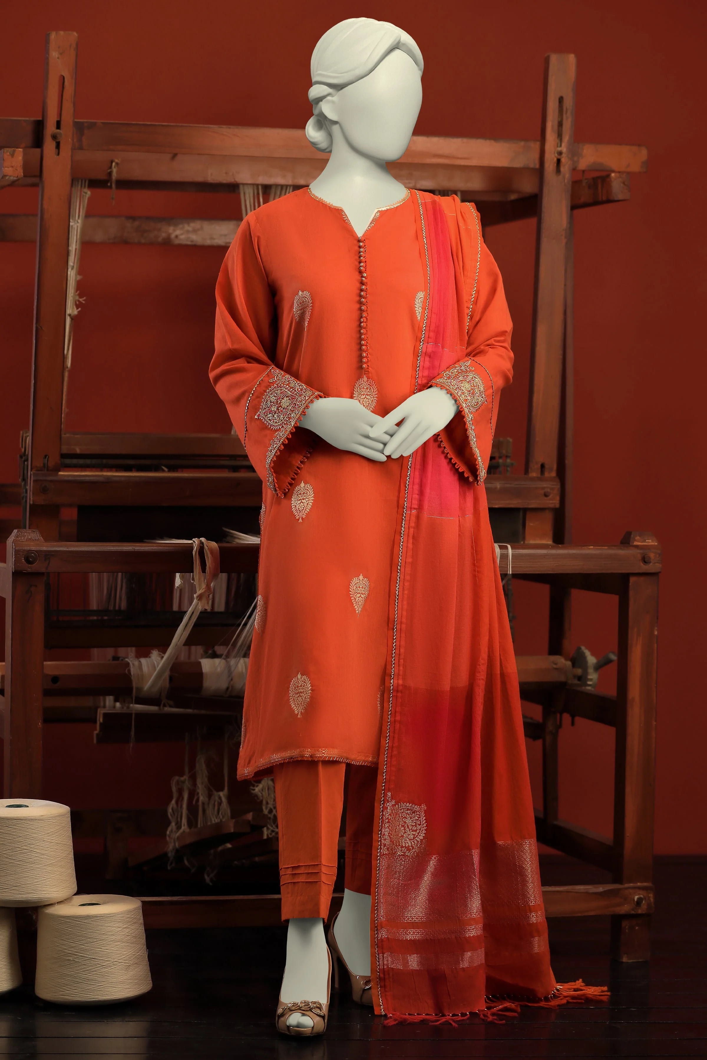 ORANGE JACQUARD KURTI | CCW-1PS-S-US-22-209 PAAN BOOTI-02 - Image 4