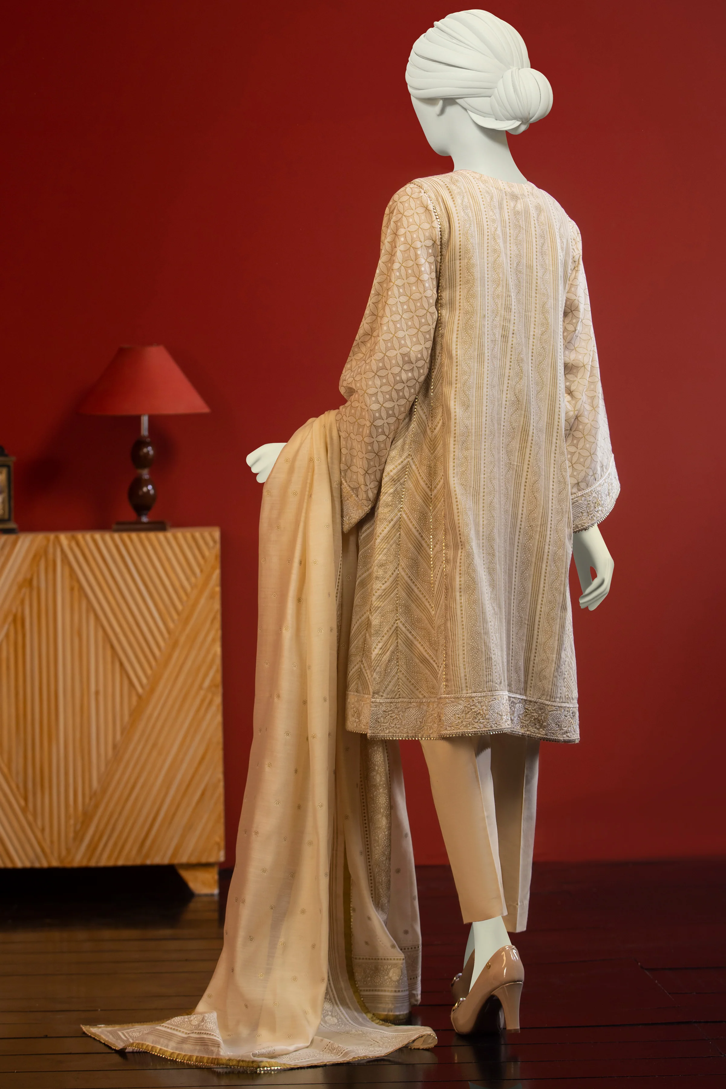 BEIGE CHANDERI 3PC STITCHED | CCW-3PS-S-US-22-003 KHAKI - Image 2