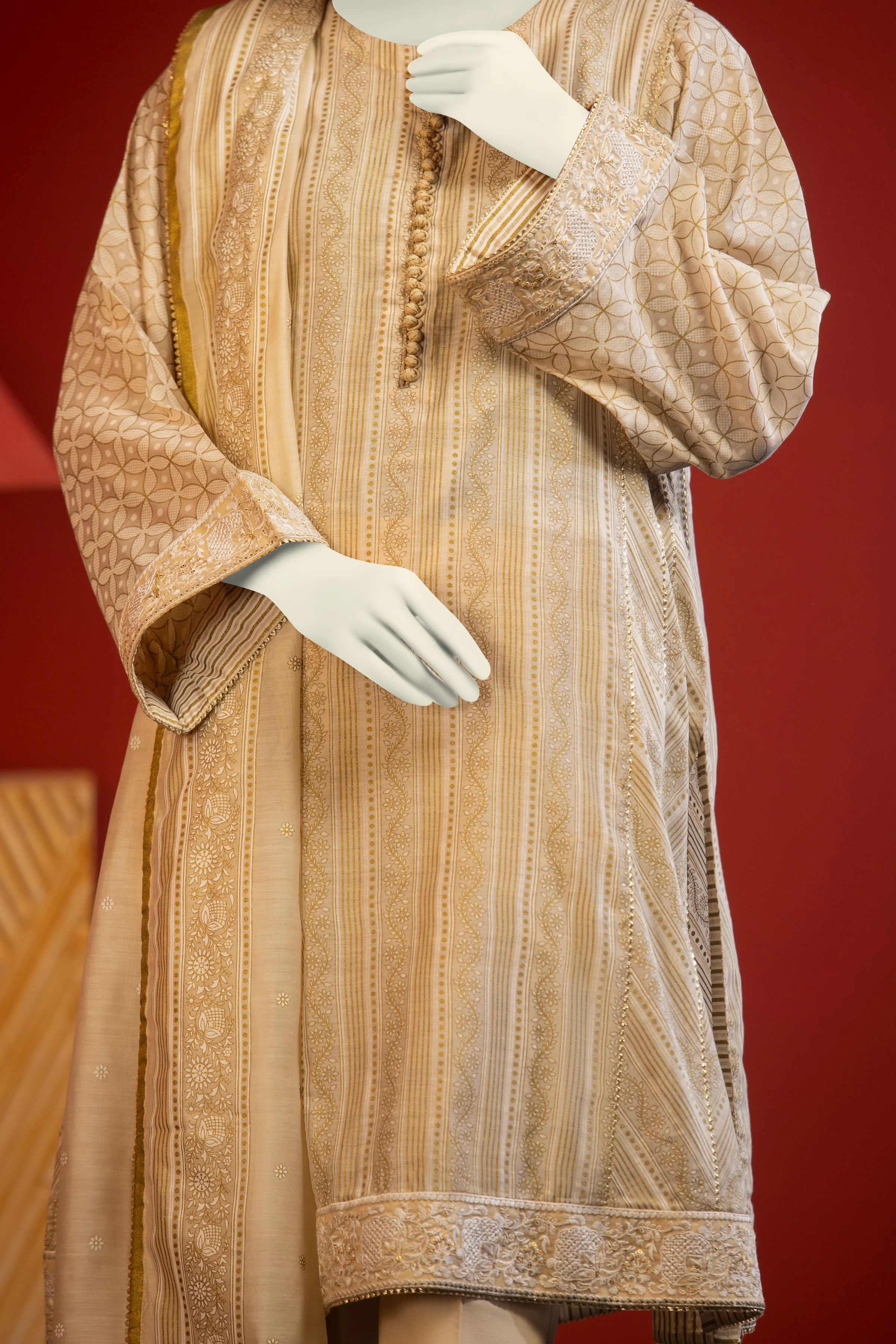 BEIGE CHANDERI 3PC STITCHED | CCW-3PS-S-US-22-003 KHAKI - Image 4