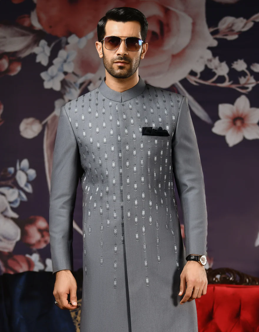 HEATHIER GREY SHERWANI | JJSWP-US-538/S22/JJ8299-FL - Image 4
