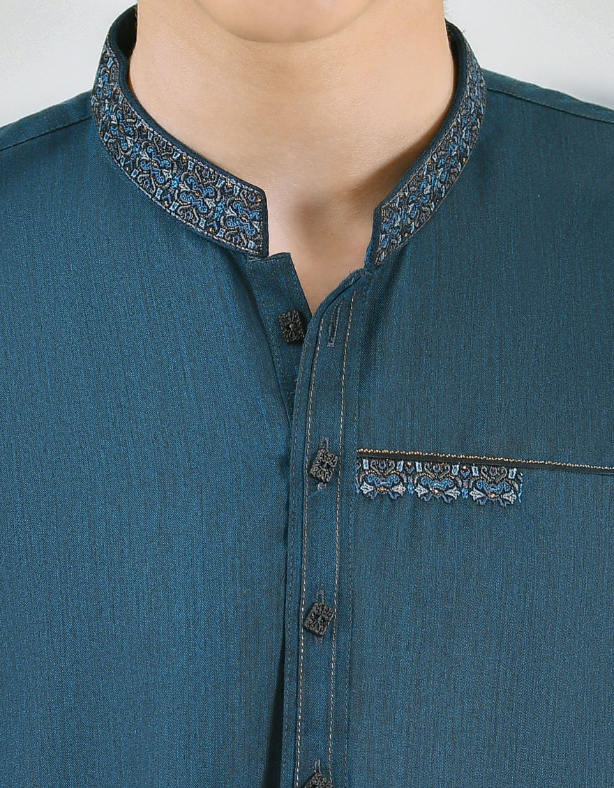 PEACOCK BLUE BLENDED KURTA | JCK-S-US-38495/S22/JJ7610-FL - Image 2