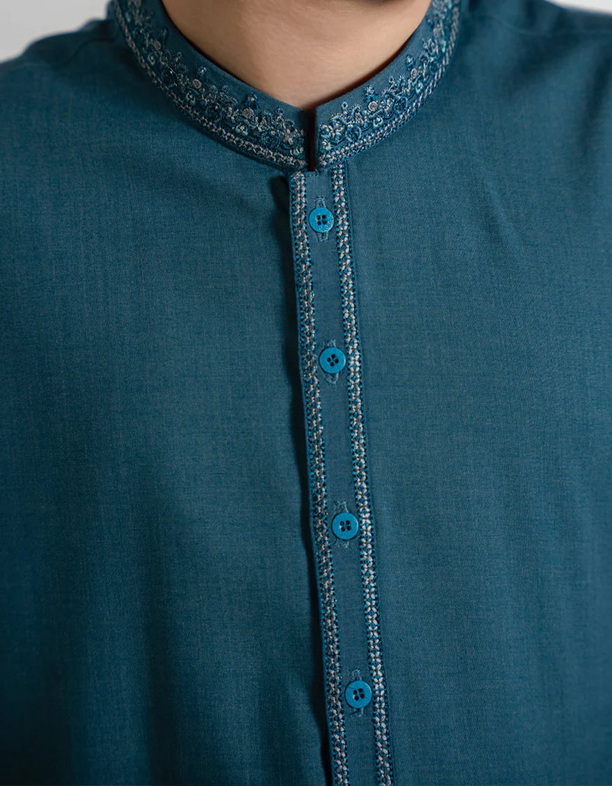 TEAL BLUE BLENDED KAMEEZ SHALWAR | JCKS-A-39395/S25/JJ9863-SF - Image 3
