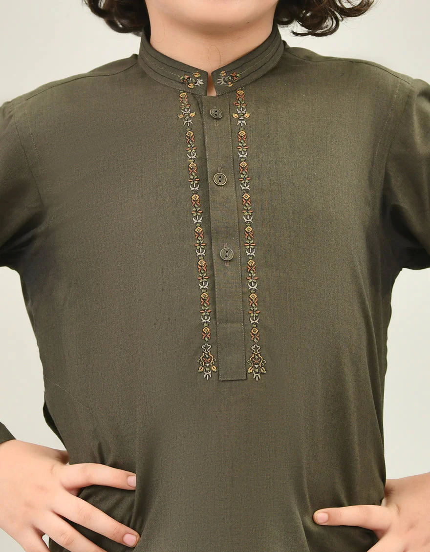 ARMY GREEN BLENDED KAMEEZ SHALWAR | JCKS-US-43160/A22/JJ8272-SF - Image 2
