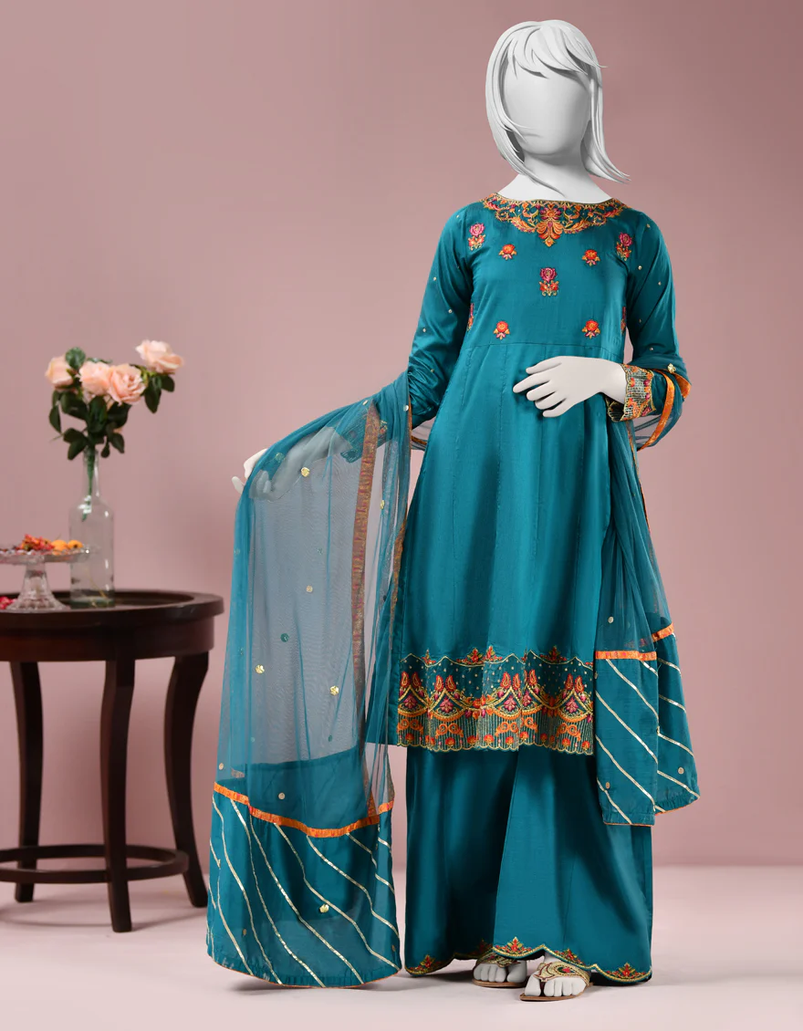 TEAL RAW SILK 3PC STITCHED | JGK-S-JJTS-US-22-038 FB/FF-035 - Image 4