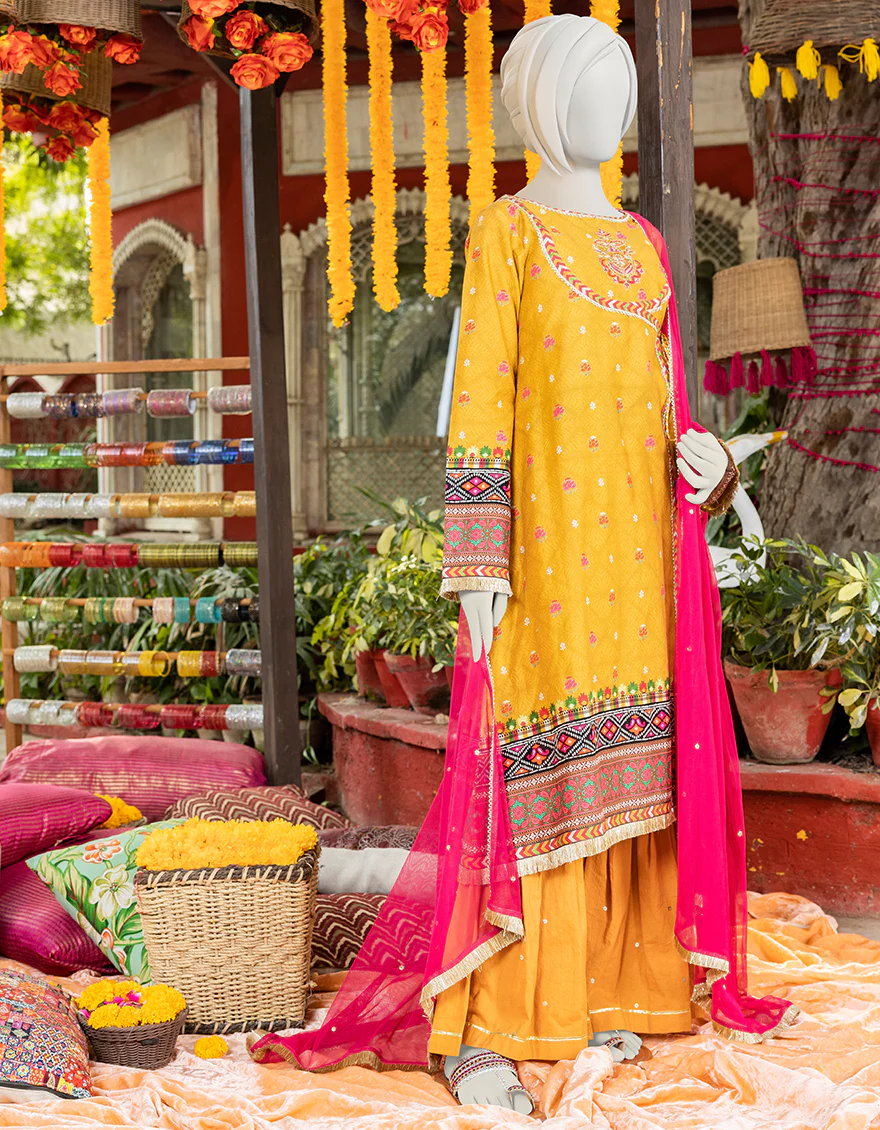 MUSTARD CAMBRIC 3PC STITCHED | JGK-S-JJTS-US-23-049 FB/BERRY