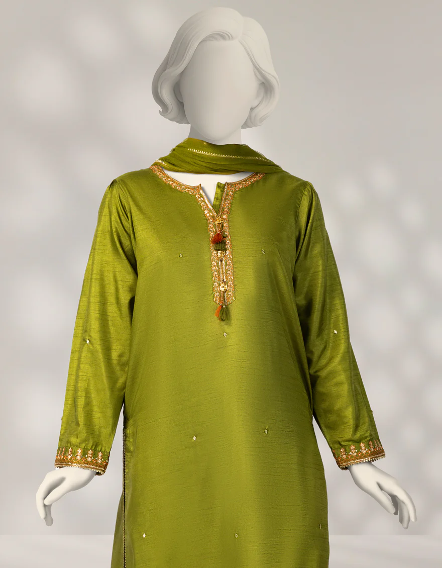 OLIVE RAW SILK 3PC STITCHED | JGK-W-JTF-25-772 FB/RANG-E-ZARI-08 - Image 2