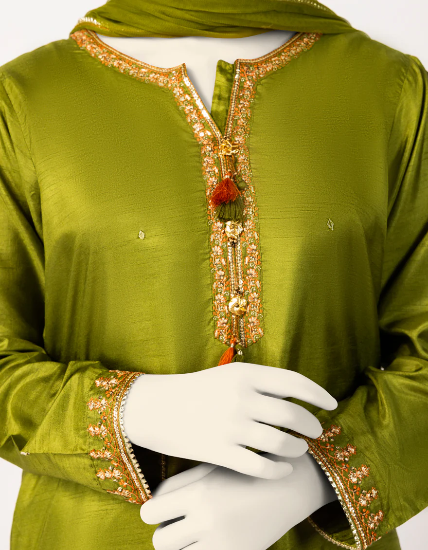 OLIVE RAW SILK 3PC STITCHED | JGK-W-JTF-25-772 FB/RANG-E-ZARI-08 - Image 3