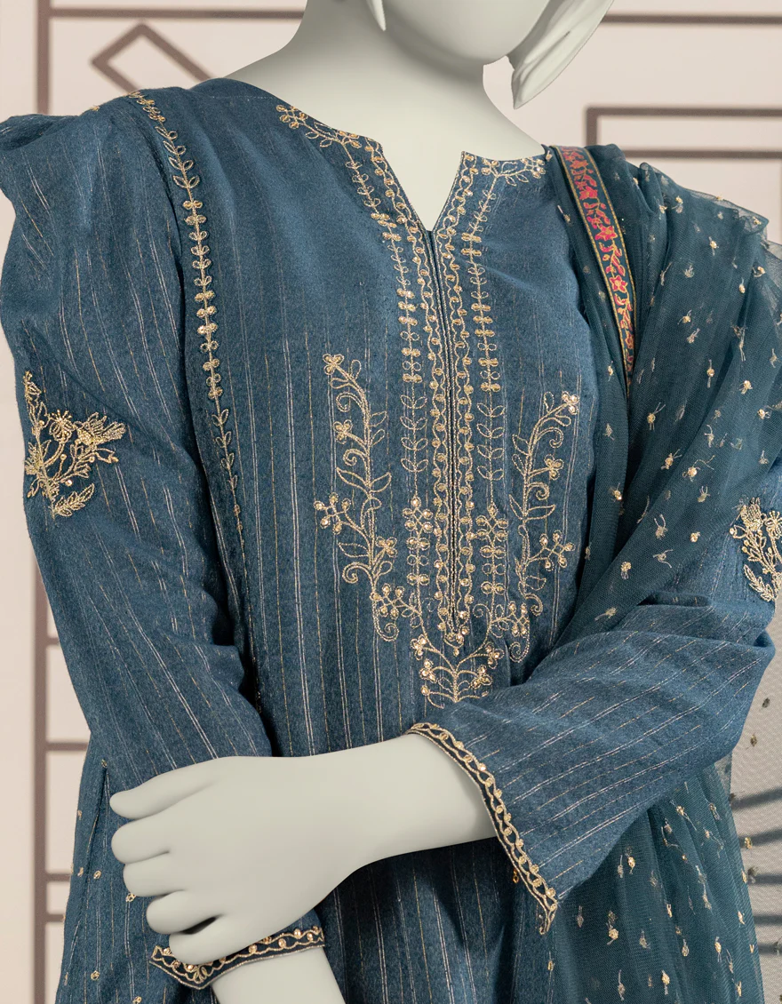 BLUE TEXTURED 3PC STITCHED | JGK-W-YGTL-640-24 FB/RANG-E-ZARI-2 - Image 3