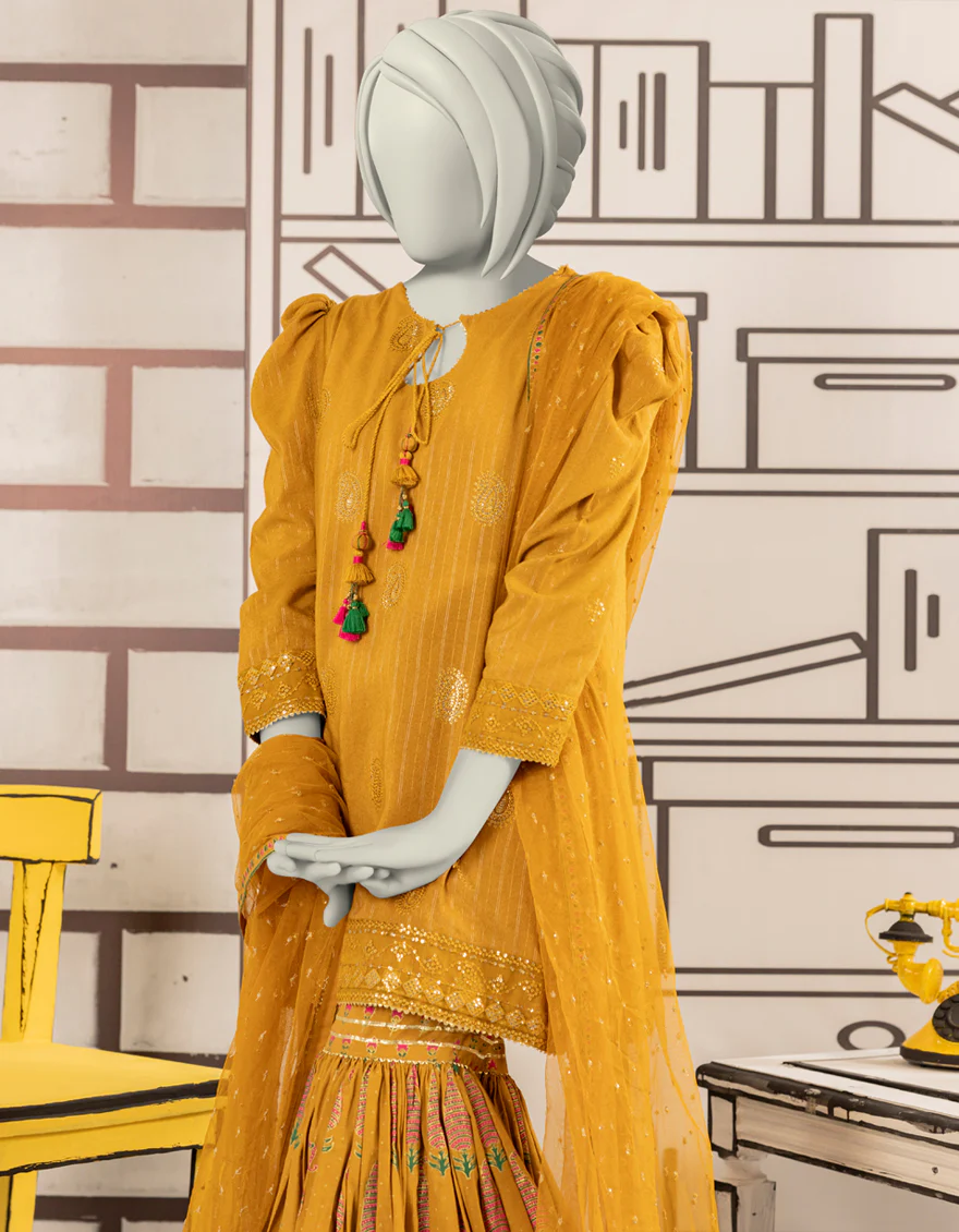 YELLOW TEXTURED 3PC STITCHED | JGK-W-YGTL-641-24 FB/RANG-E-ZARI-3 - Image 2