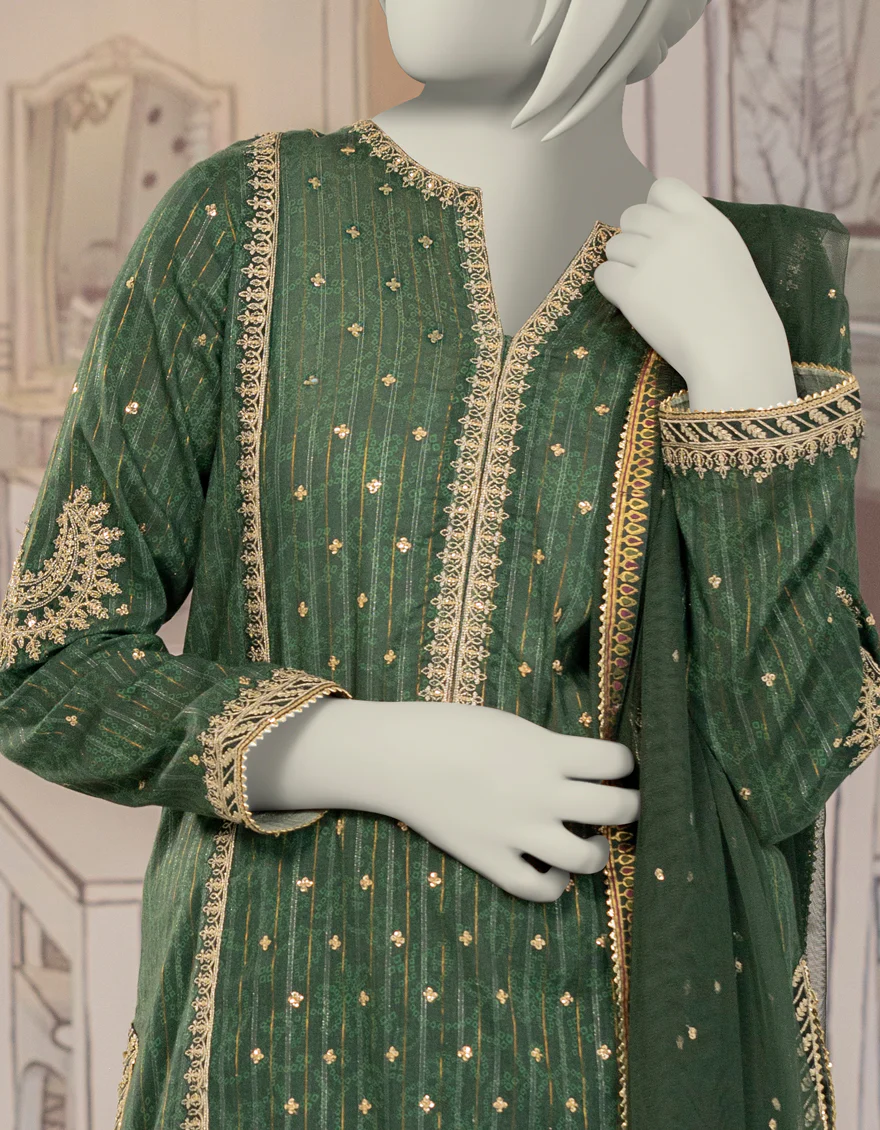 GREEN TEXTURED 3PC STITCHED | JGK-W-YGTL-643-24 FB/RANG-E-ZARI-5 - Image 3