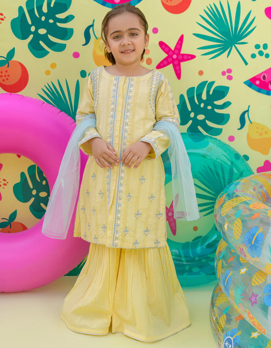 YELLOW COTTON DOBBY 3PC STITCHED | JGKL-S-24-1508 FB/NA